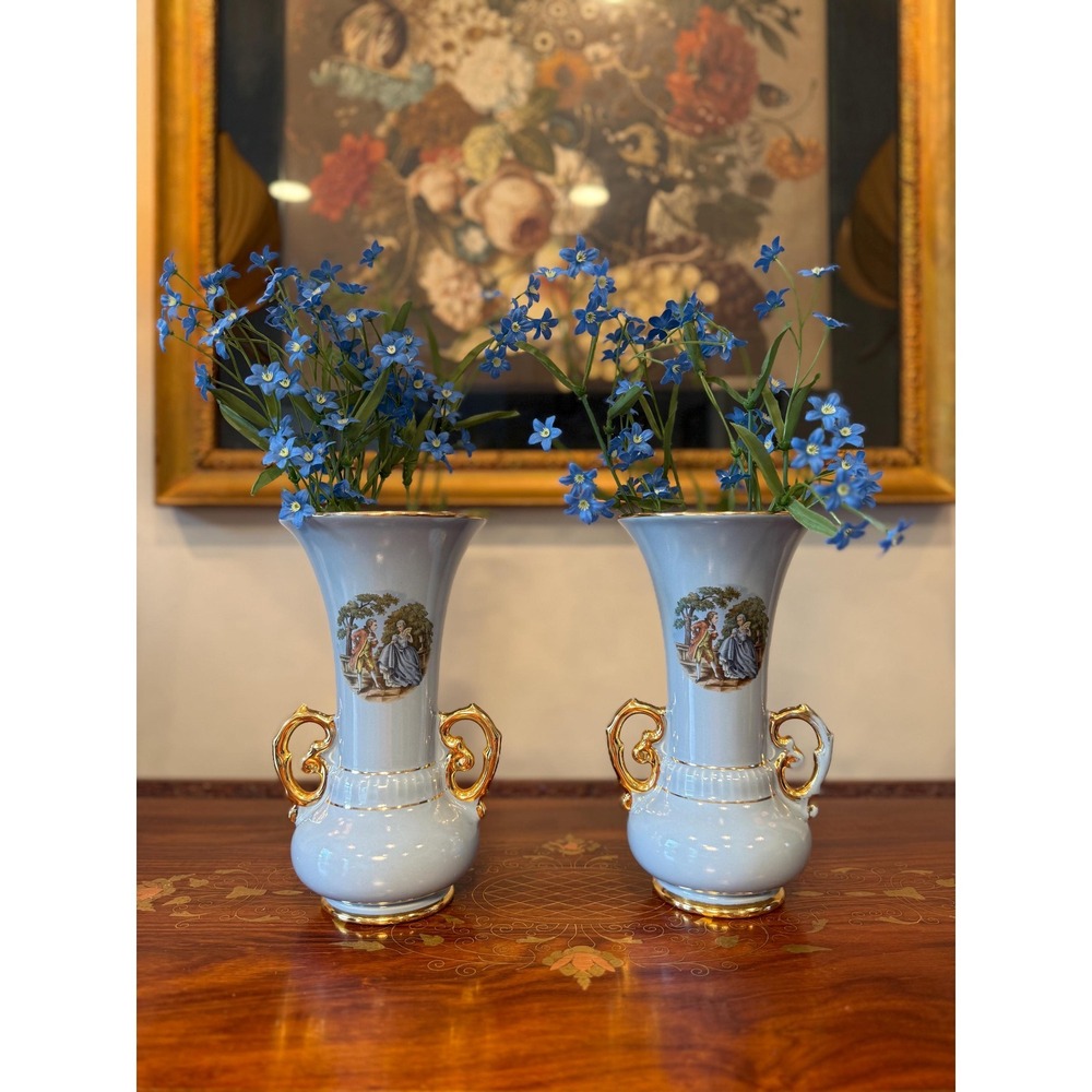 Vintage Blue Porcelain Vase Pair with Gold Handles 8.5"